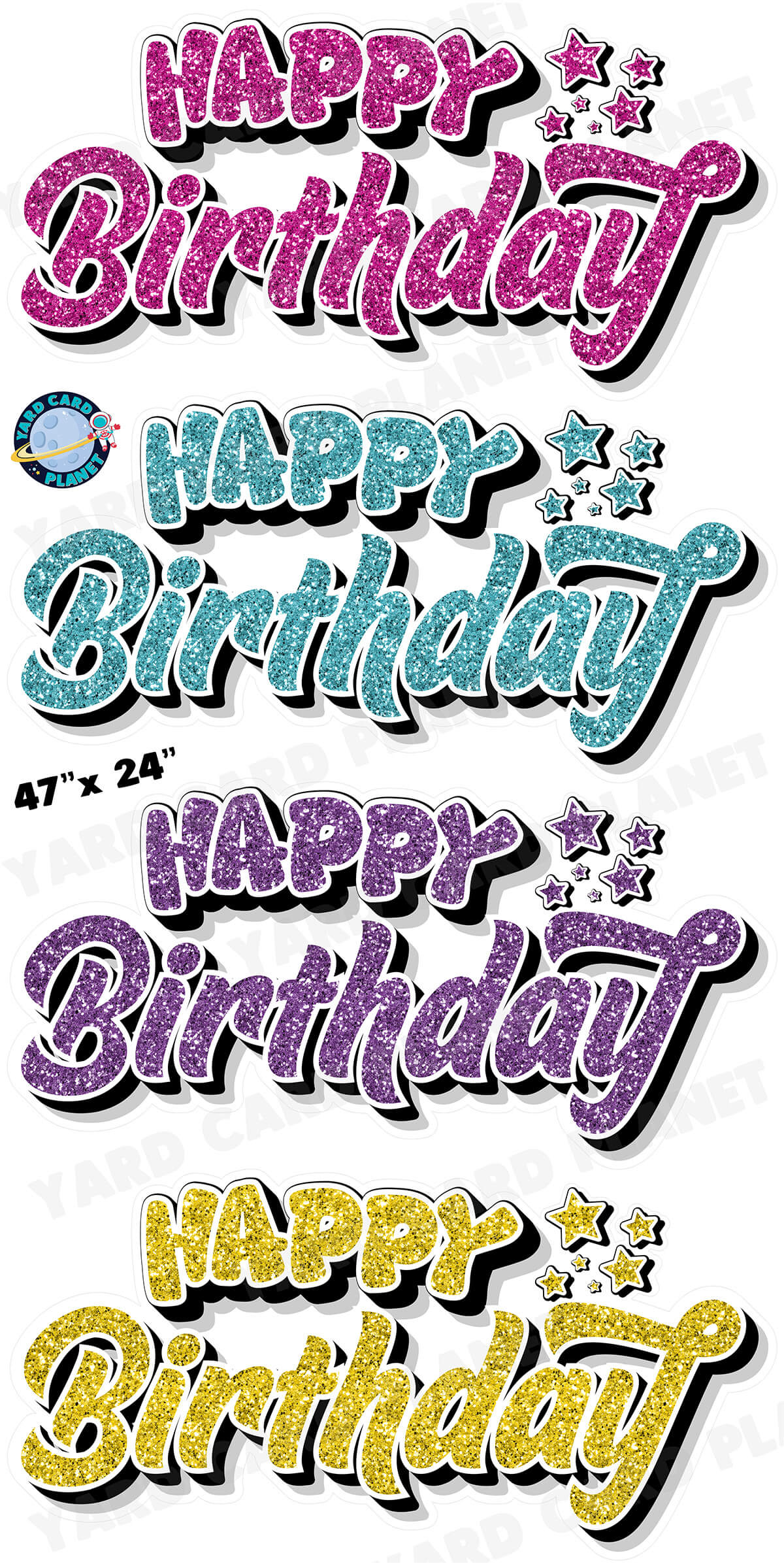 Happy Birthday EZ Quick Signs in Glitter Hot Pink, Teal, Purple and Yellow Yard Card Set with Measurements