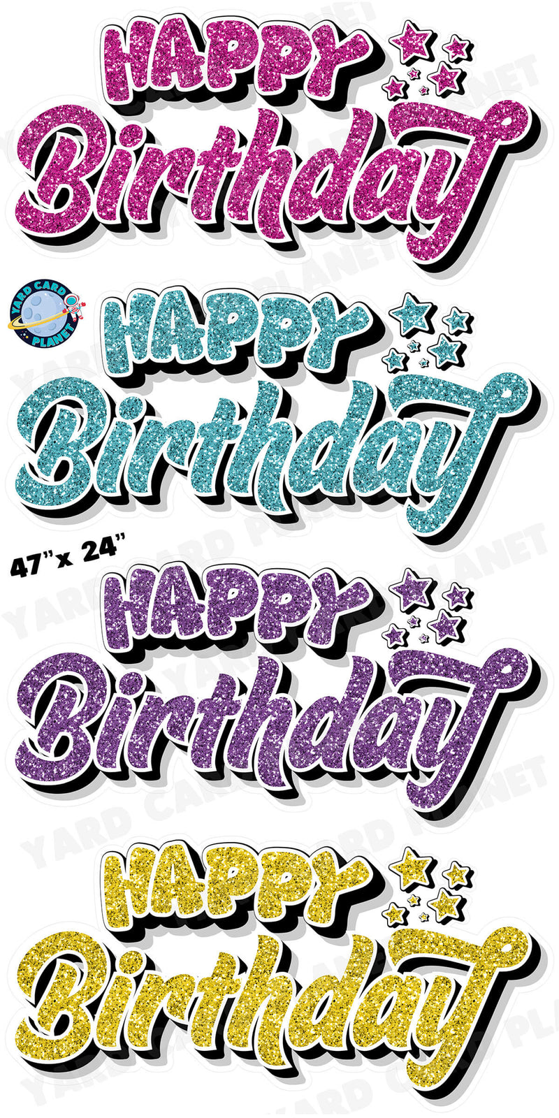 Happy Birthday EZ Quick Signs in Glitter Hot Pink, Teal, Purple and Yellow Yard Card Set with Measurements
