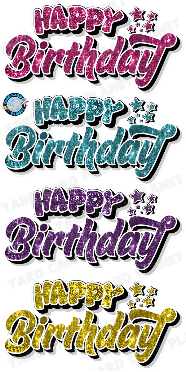 Happy Birthday EZ Quick Signs in Sequin Hot Pink, Teal, Purple and Yellow Yard Card Set