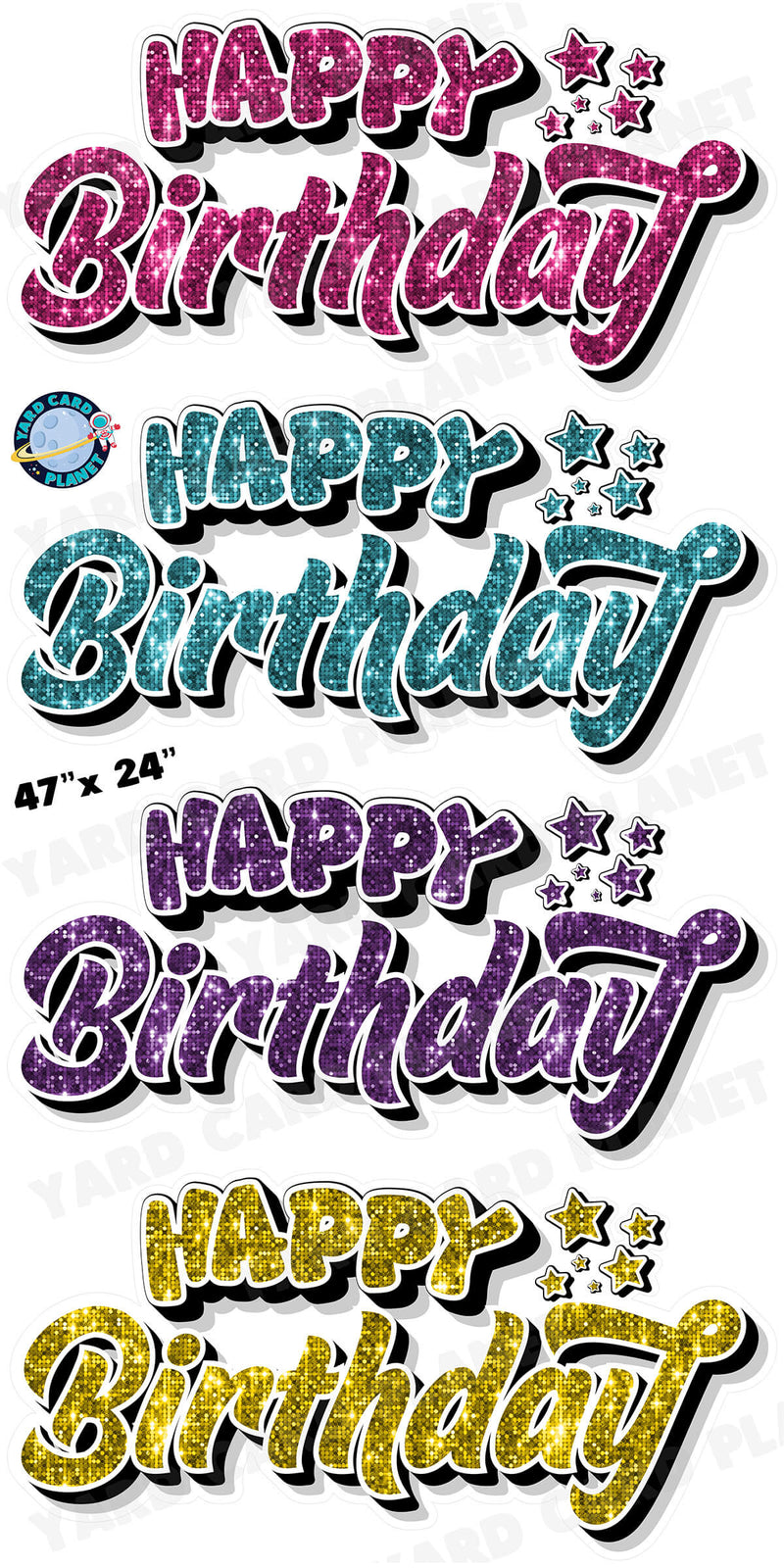 Happy Birthday EZ Quick Signs in Sequin Hot Pink, Teal, Purple and Yellow Yard Card Set with Measurements