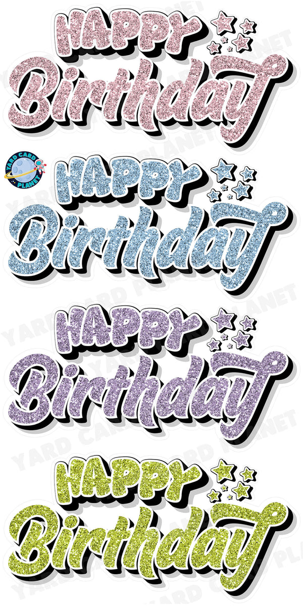 Happy Birthday EZ Quick Signs in Glitter Light Pink, Baby Blue, Light Purple and Lime Green Yard Card Set