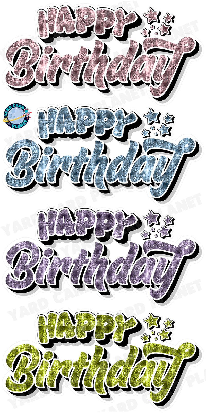 Happy Birthday EZ Quick Signs in Sequin Light Pink, Baby Blue, Light Purple and Lime Green Yard Card Set