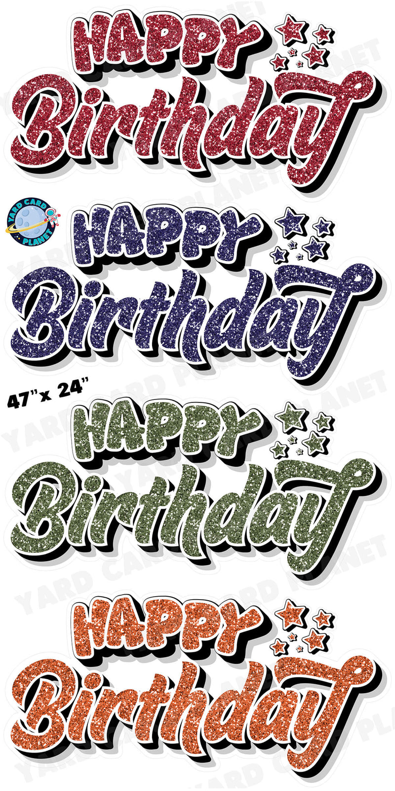 Happy Birthday EZ Quick Signs in Glitter Maroon, Navy Blue, Hunter Green and Orange Yard Card Set with Measurements