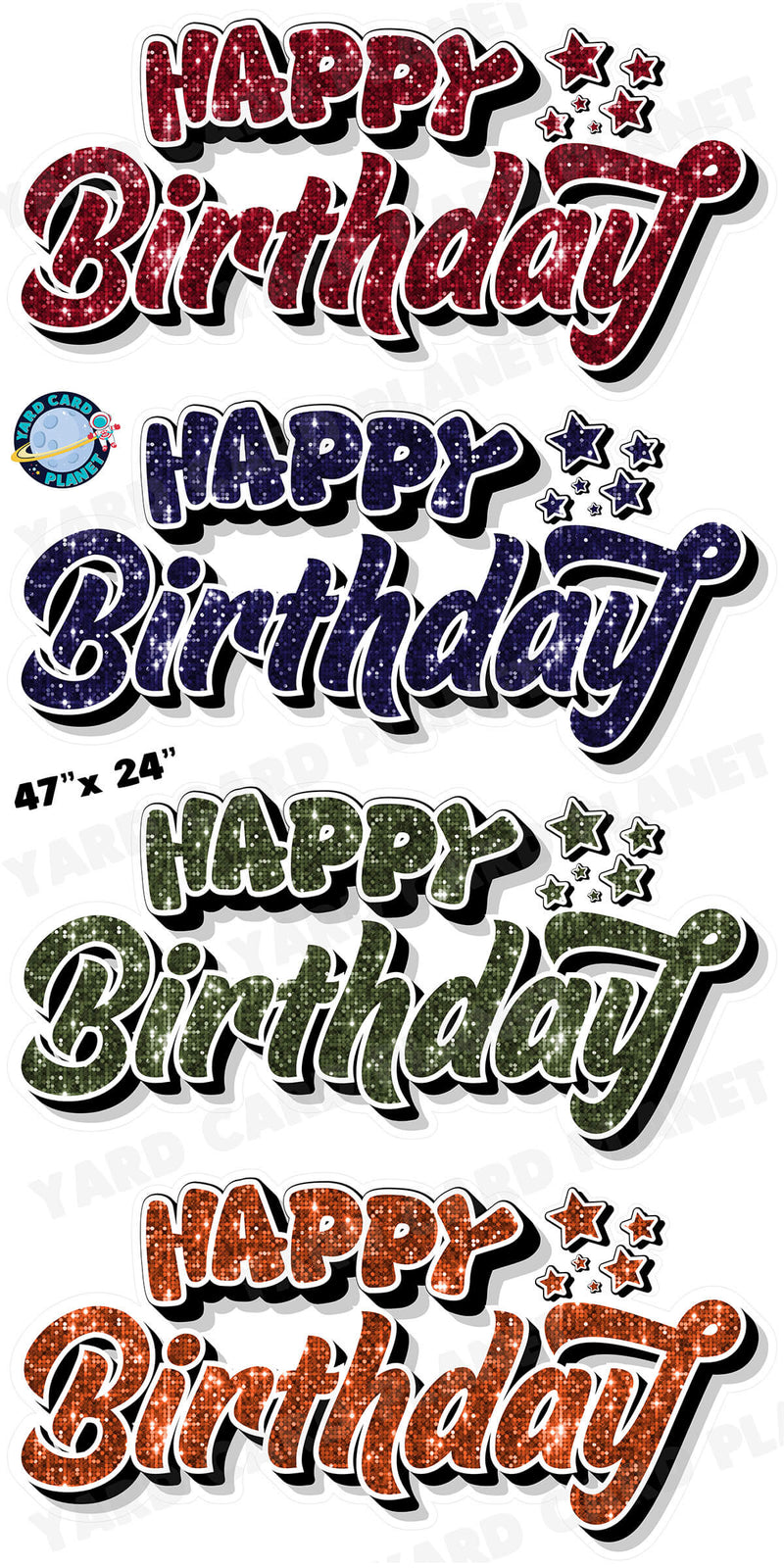 Happy Birthday EZ Quick Signs in Sequin Maroon, Navy Blue, Hunter Green and Orange Yard Card Set with Measurements