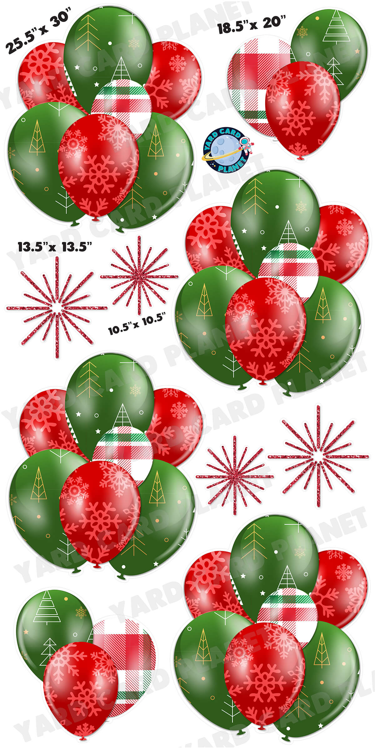 Christmas Pattern Balloon Bouquets and Starbursts Yard Card Set with Measurements