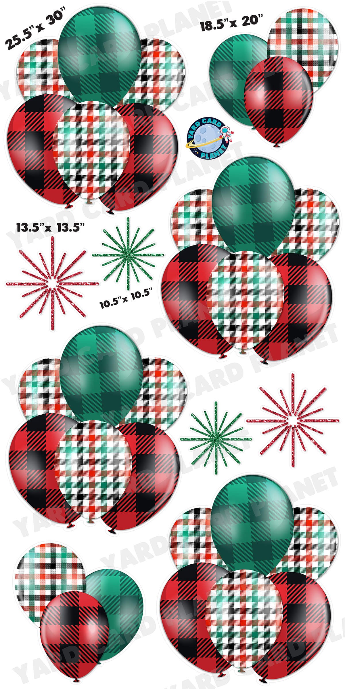 Christmas Gingham Pattern Balloon Bouquets and Starbursts Yard Card Set with Measurements