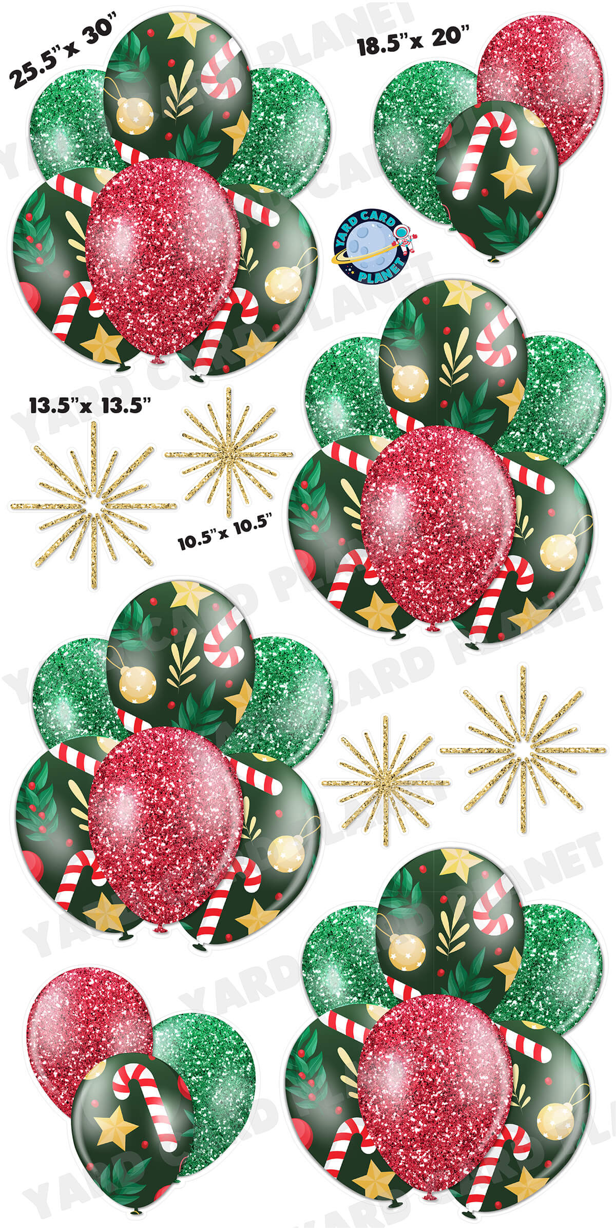 Glitter Christmas Pattern Balloon Bouquets and Starbursts Yard Card Set with Measurements