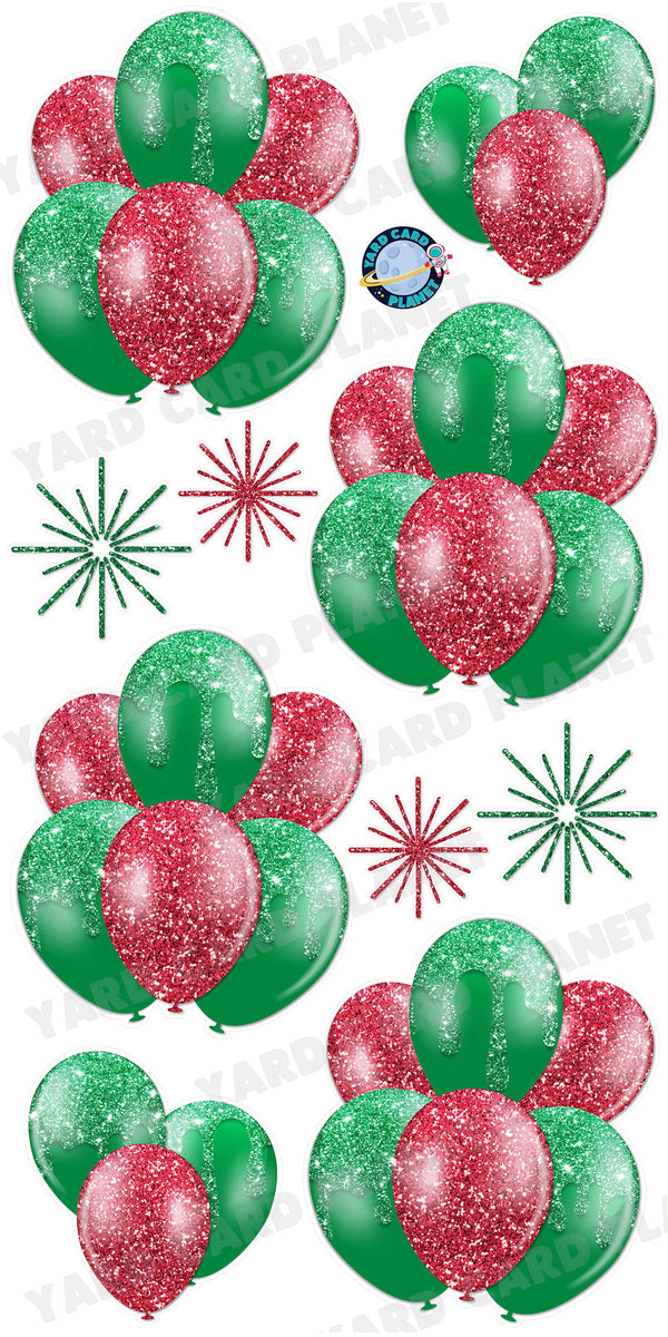 Christmas Red and Green Glitter Balloon Bouquets and Starbursts Yard Card Set