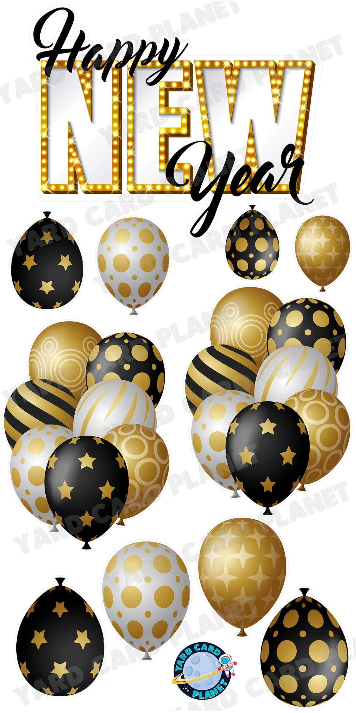 Happy New Year EZ Quick Sign with Black, Gold and Silver Elegant Metallic Balloon Bouquets and Singles Yard Card Set