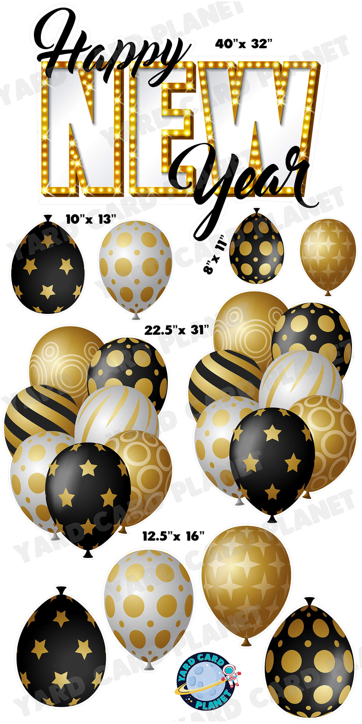 Happy New Year EZ Quick Sign with Black, Gold and Silver Elegant Metallic Balloon Bouquets and Singles Yard Card Set with Measurements