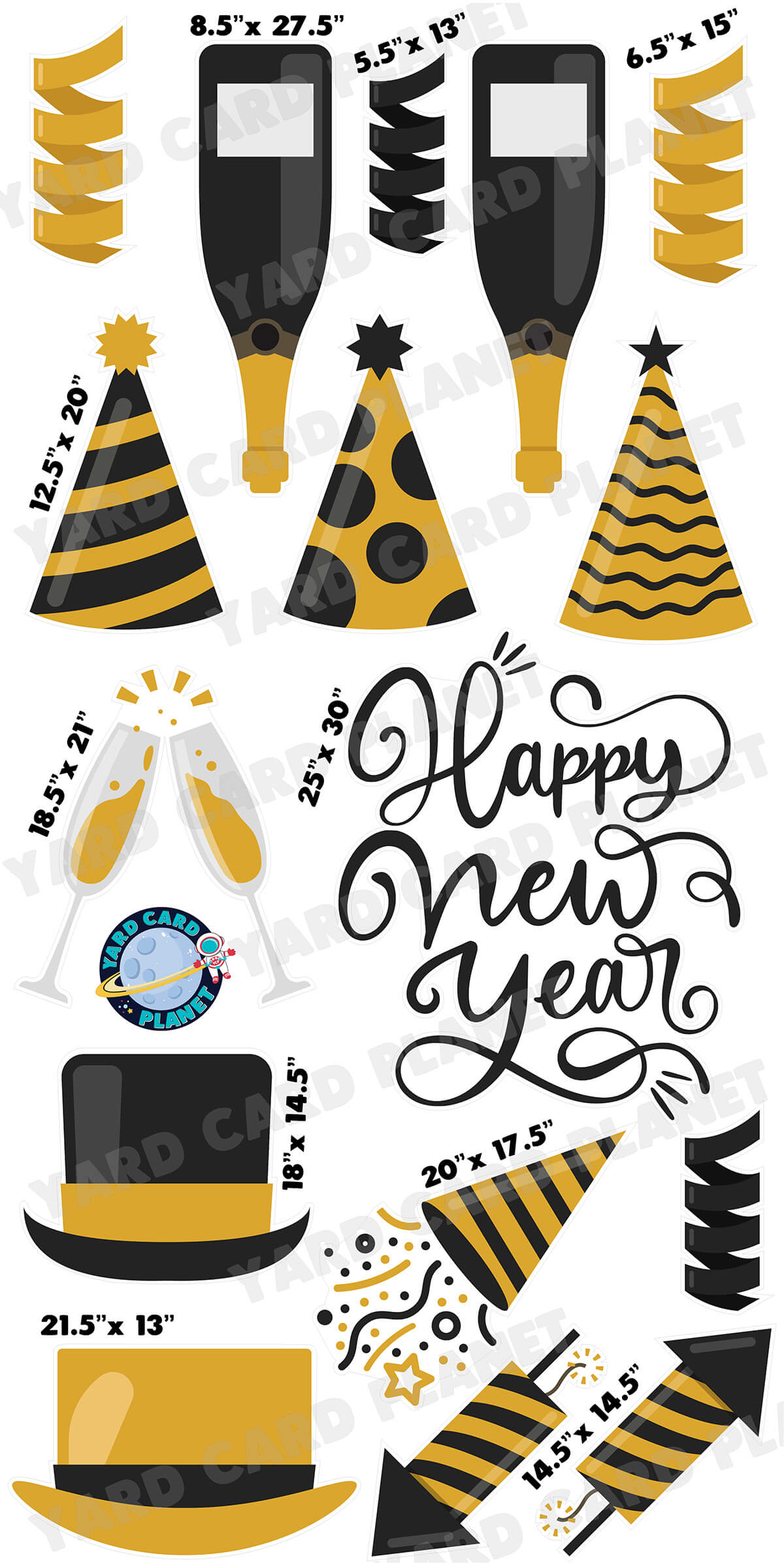 Happy New Year Script Sign and Yard Card Flair Set with Measurements