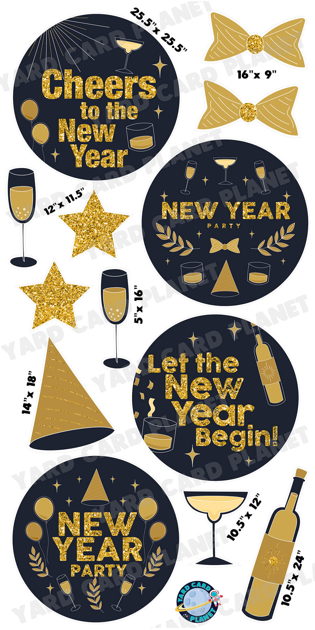 Glitter Pattern New Year Signs and Yard Card Flair Set with Measurements