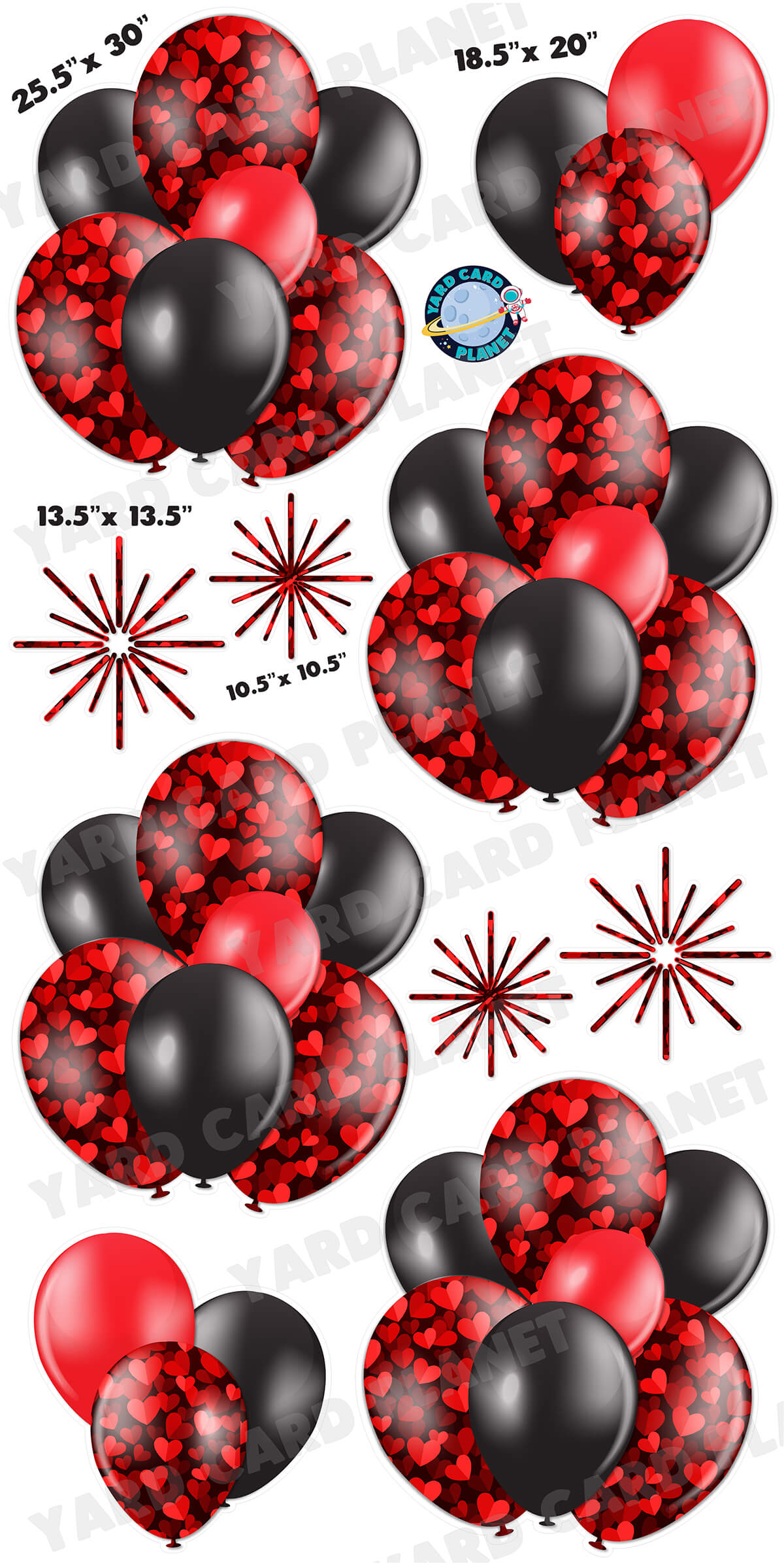 Valentine Hearts Pattern Balloon Bouquets and Starbursts Yard Card Set with Measurements