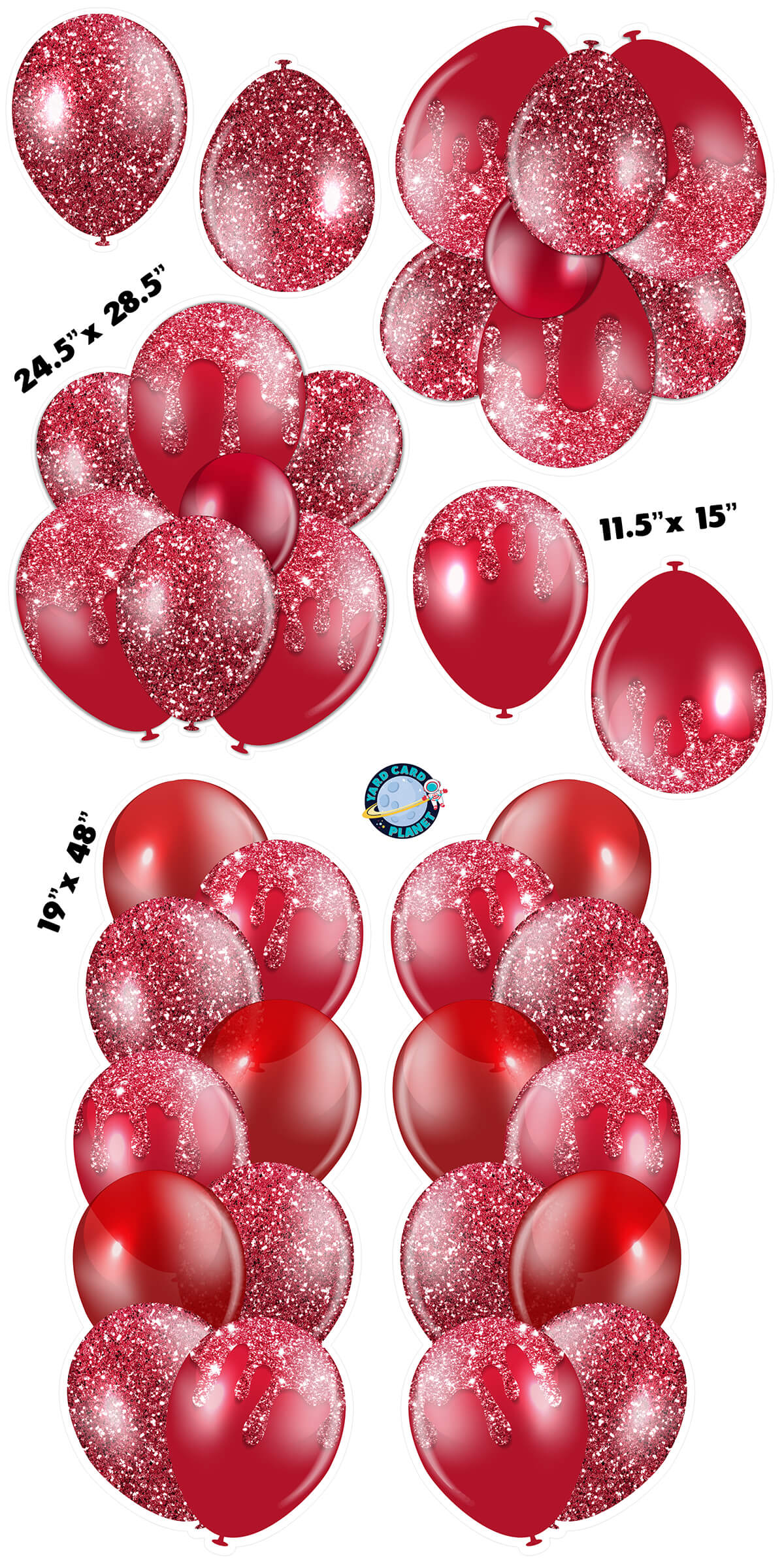 Maroon Glitter Balloon Towers, Bouquets and Singles Yard Card Set with Measurements