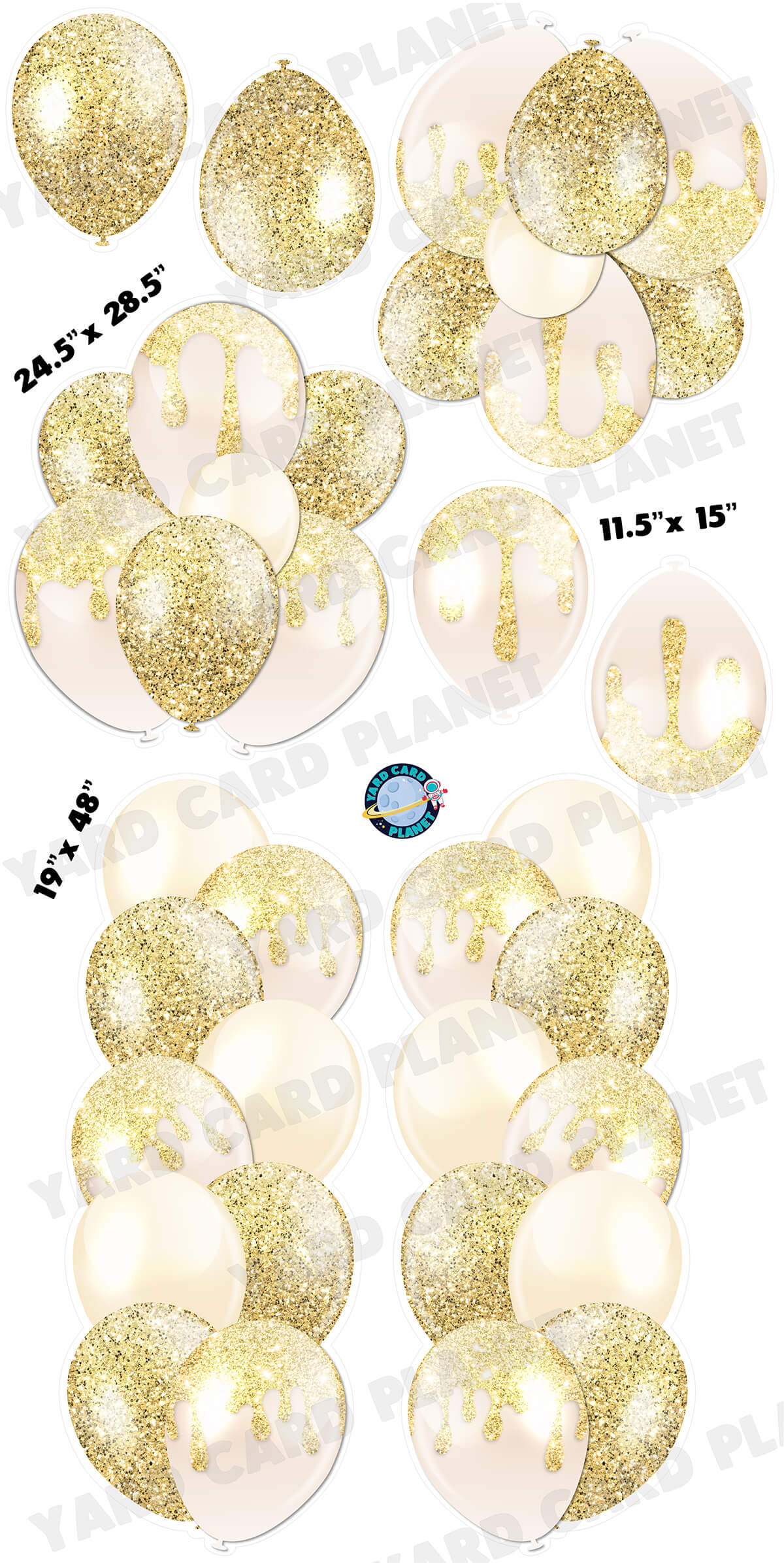 Gold Glitter Balloon Towers, Bouquets and Singles Yard Card Set with Measurements