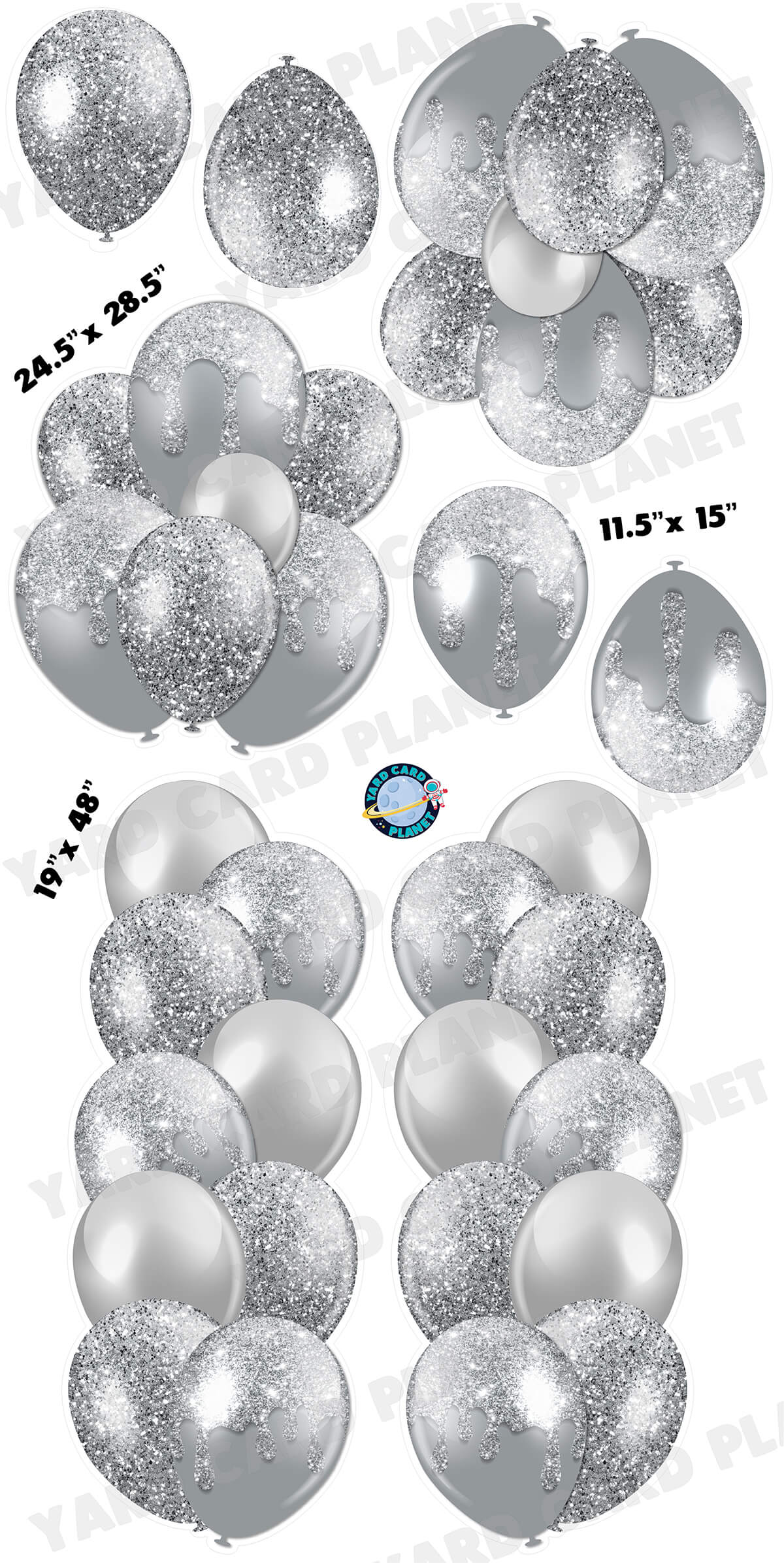 Silver Glitter Balloon Towers, Bouquets and Singles Yard Card Set with Measurements