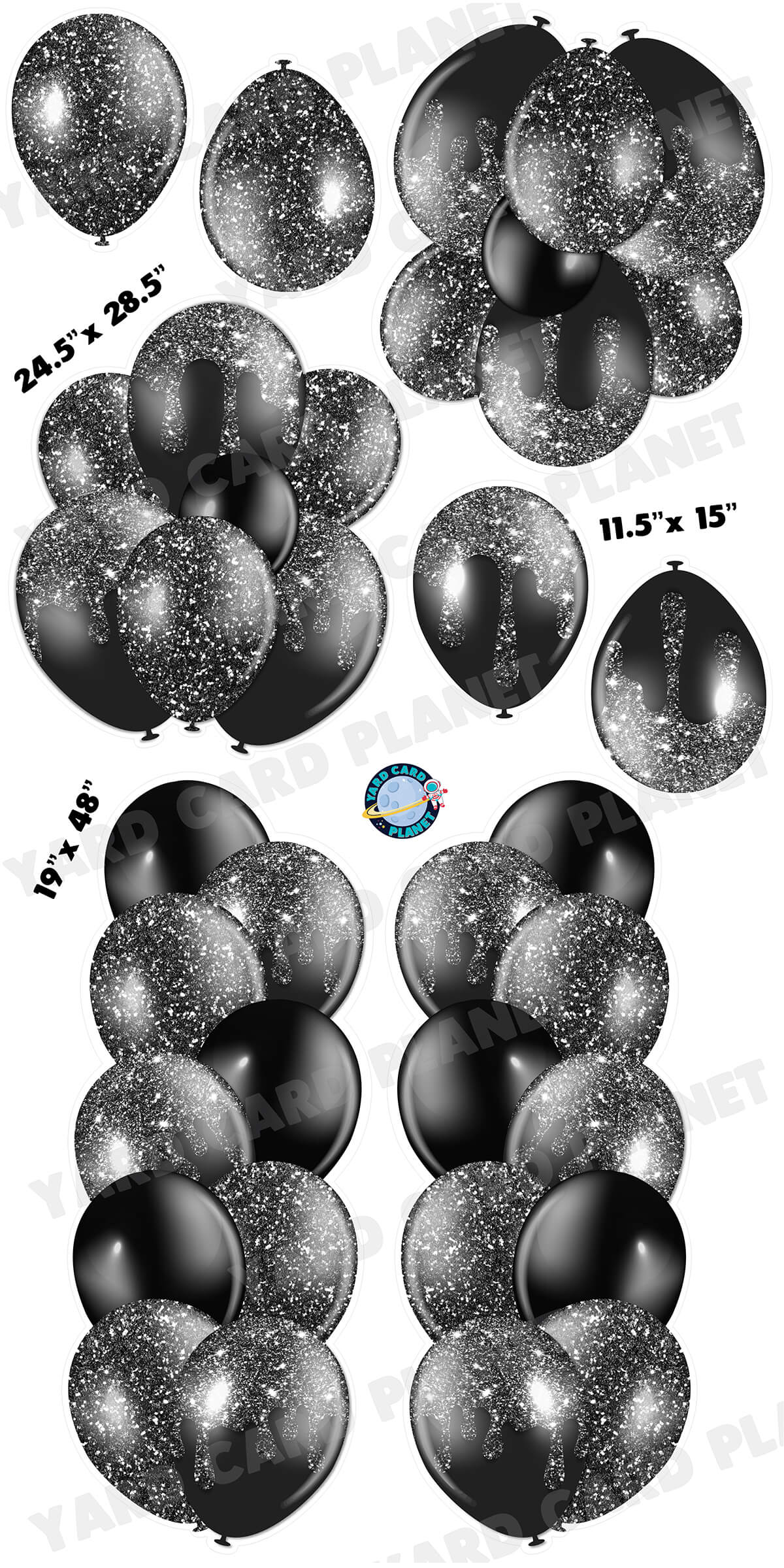 Black Glitter Balloon Towers, Bouquets and Singles Yard Card Set with Measurements