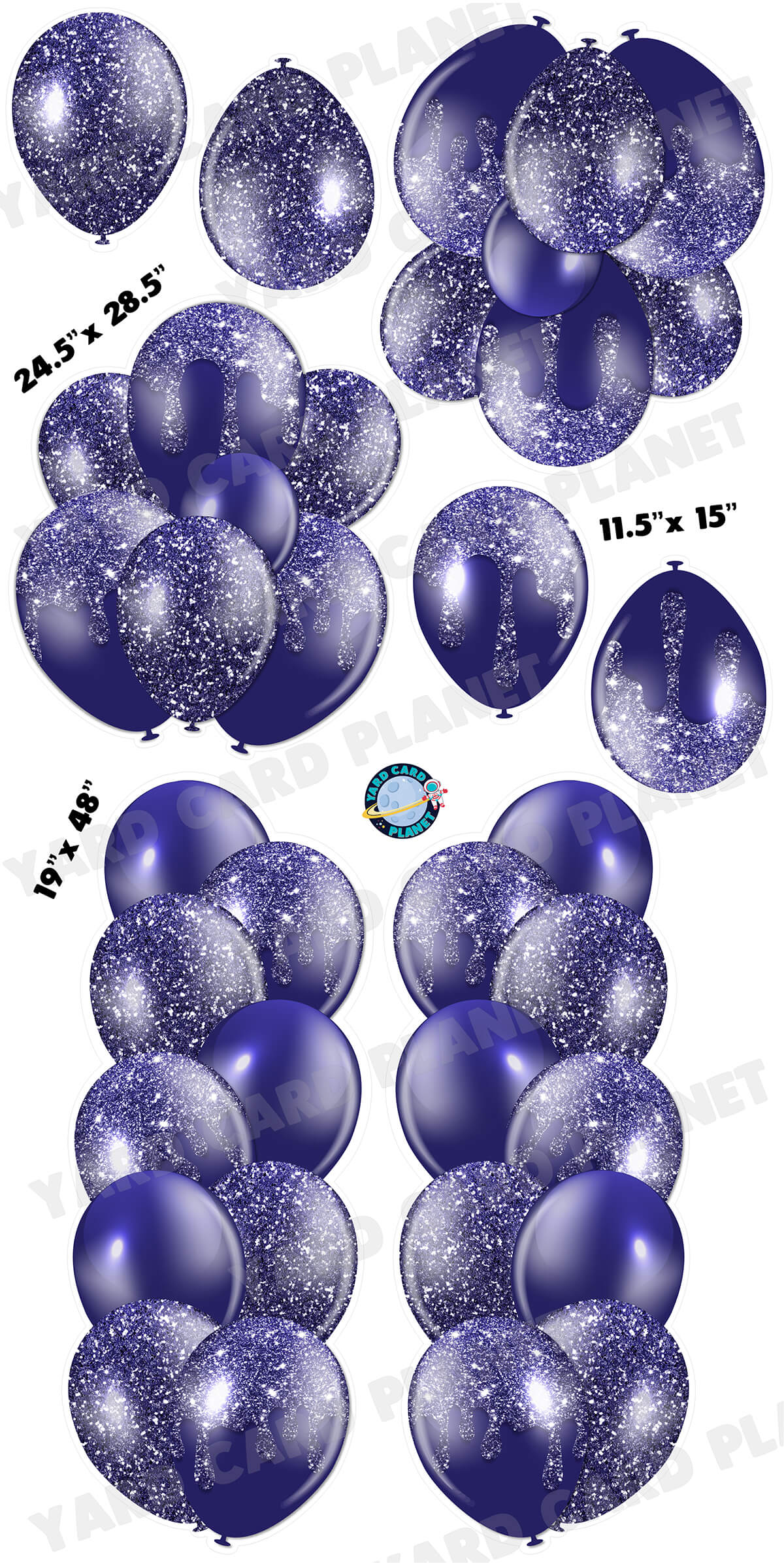 Navy Blue Glitter Balloon Towers, Bouquets and Singles Yard Card Set with Measurements