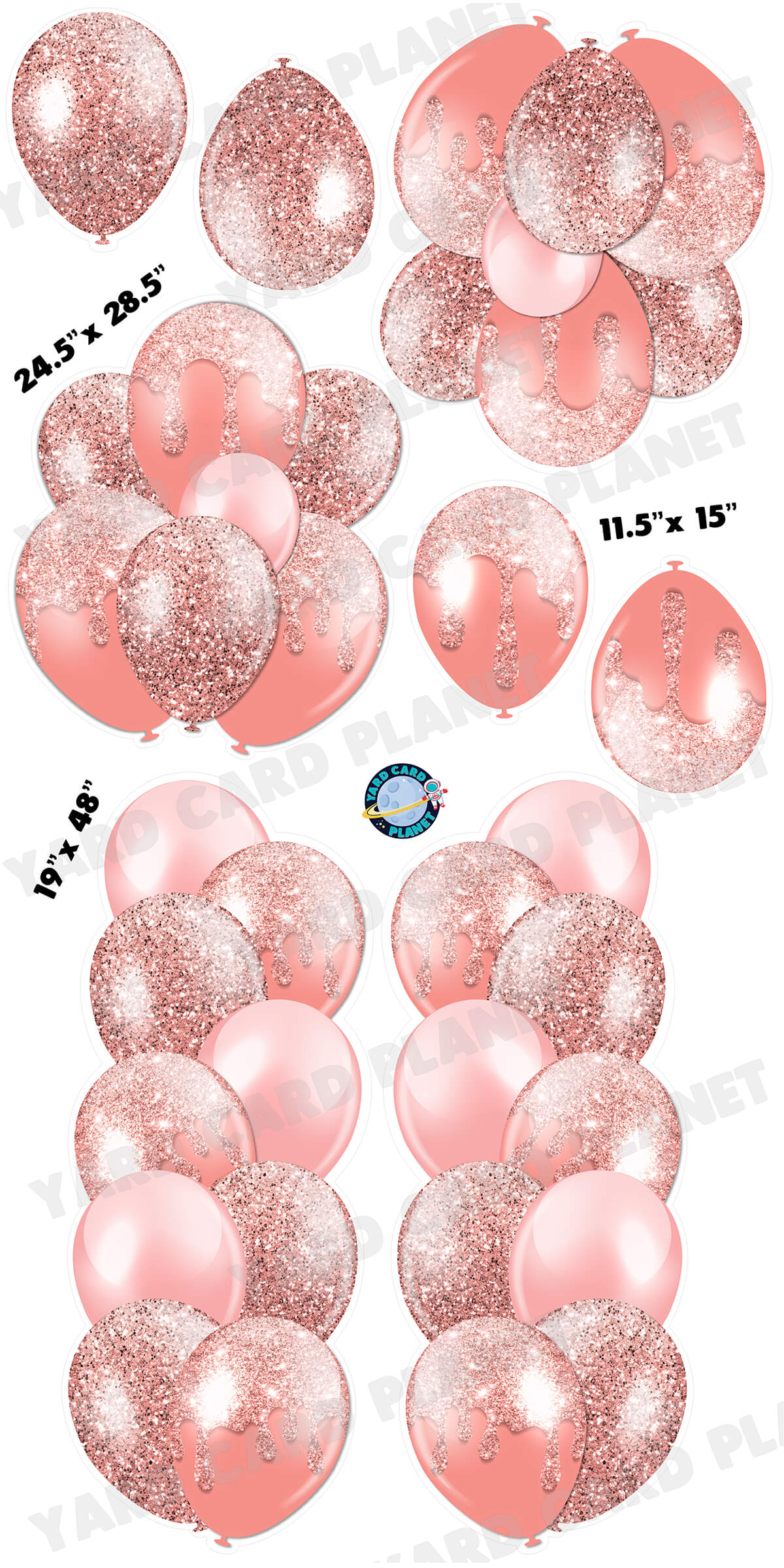 Rose Gold Glitter Balloon Towers, Bouquets and Singles Yard Card Set with Measurements