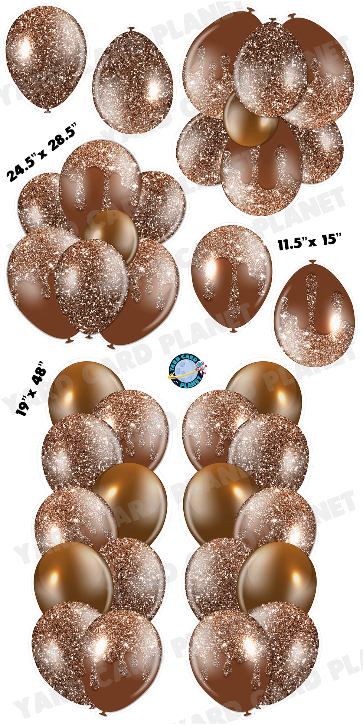 Brown Glitter Balloon Towers, Bouquets and Singles Yard Card Set with Measurements