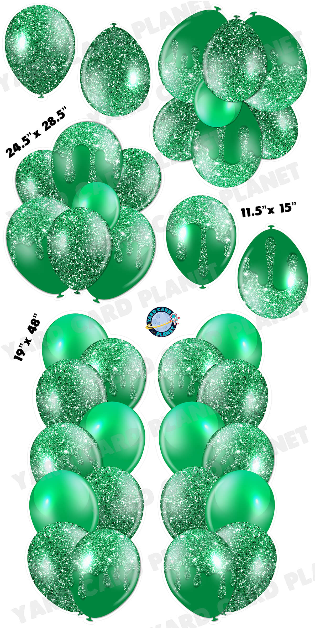 Green Glitter Balloon Towers, Bouquets and Singles Yard Card Set with Measurements