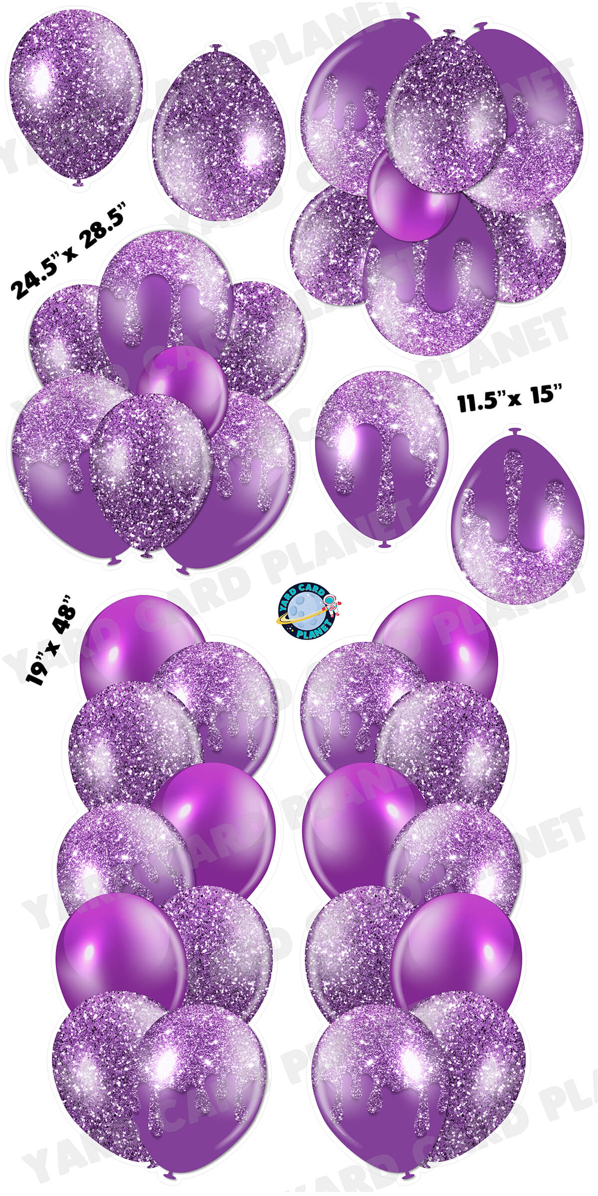 Purple Glitter Balloon Towers, Bouquets and Singles Yard Card Set with Measurements