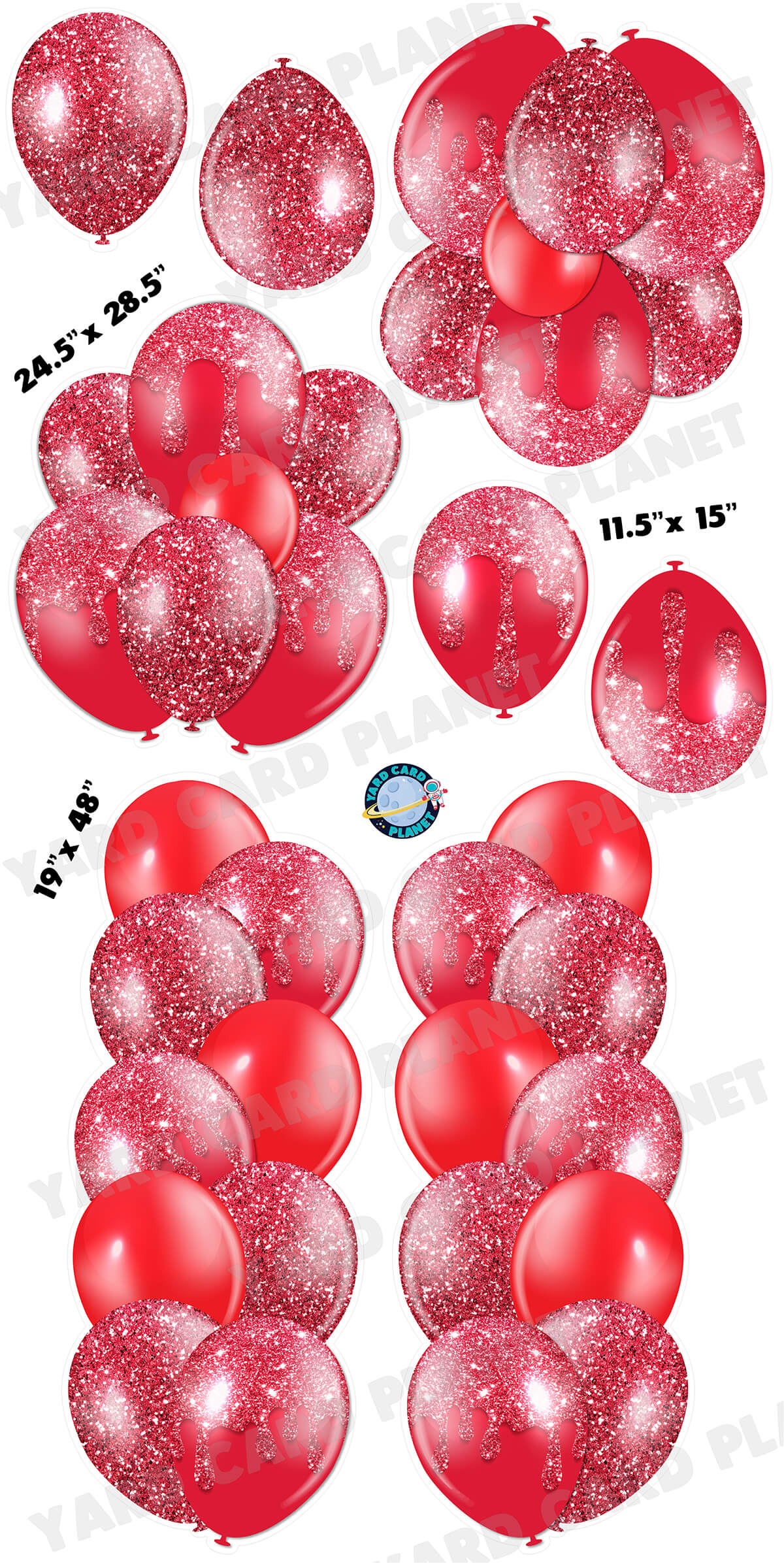 Red Glitter Balloon Towers, Bouquets and Singles Yard Card Set with Measurements