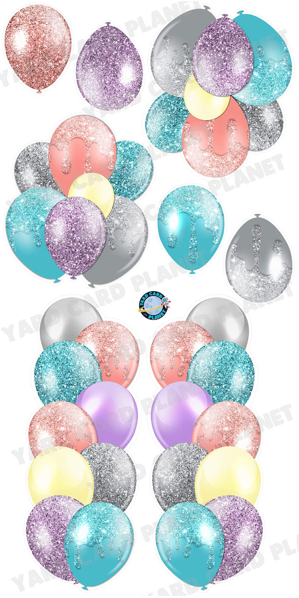 Pastel Colorful Glitter Balloon Towers, Bouquets and Singles Yard Card Set