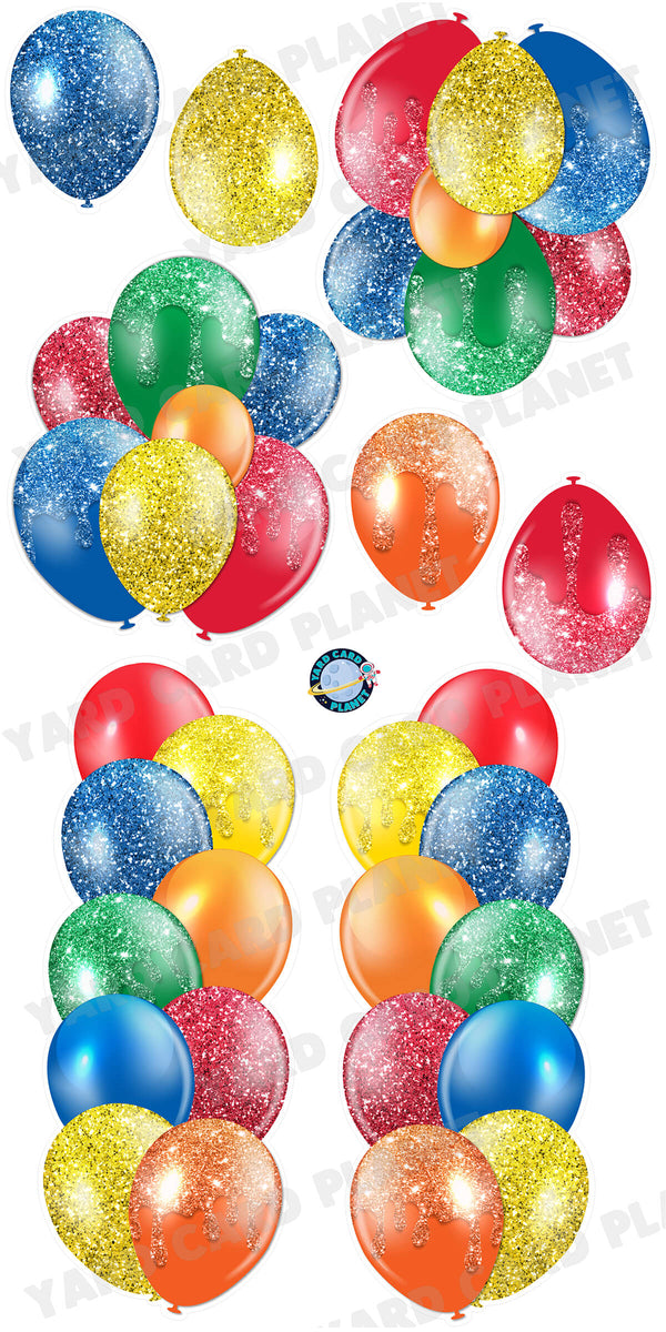 Bright Colorful Glitter Balloon Towers, Bouquets and Singles Yard Card Set