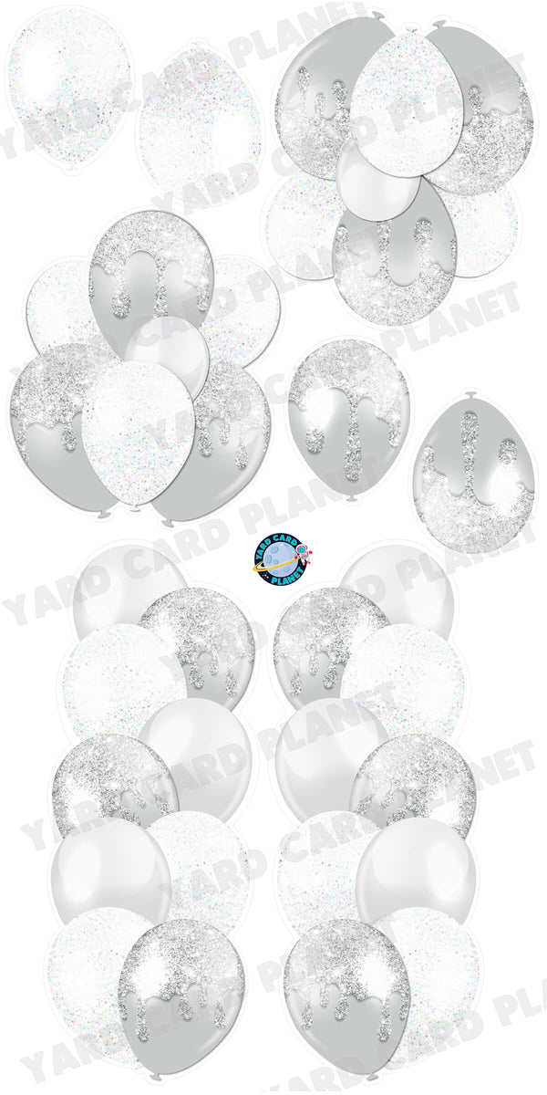 White and Silver Glitter Balloon Towers, Bouquets and Singles Yard Card Set