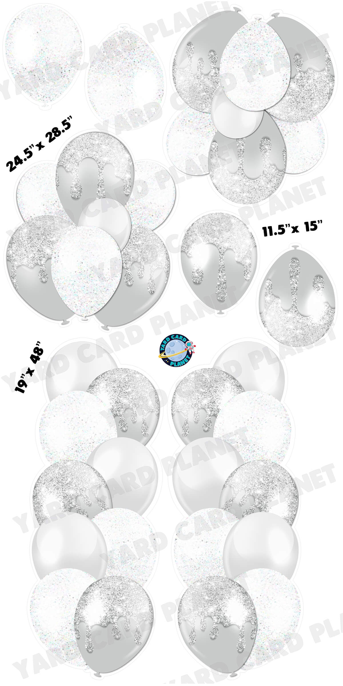 White and Silver Glitter Balloon Towers, Bouquets and Singles Yard Card Set with Measurements