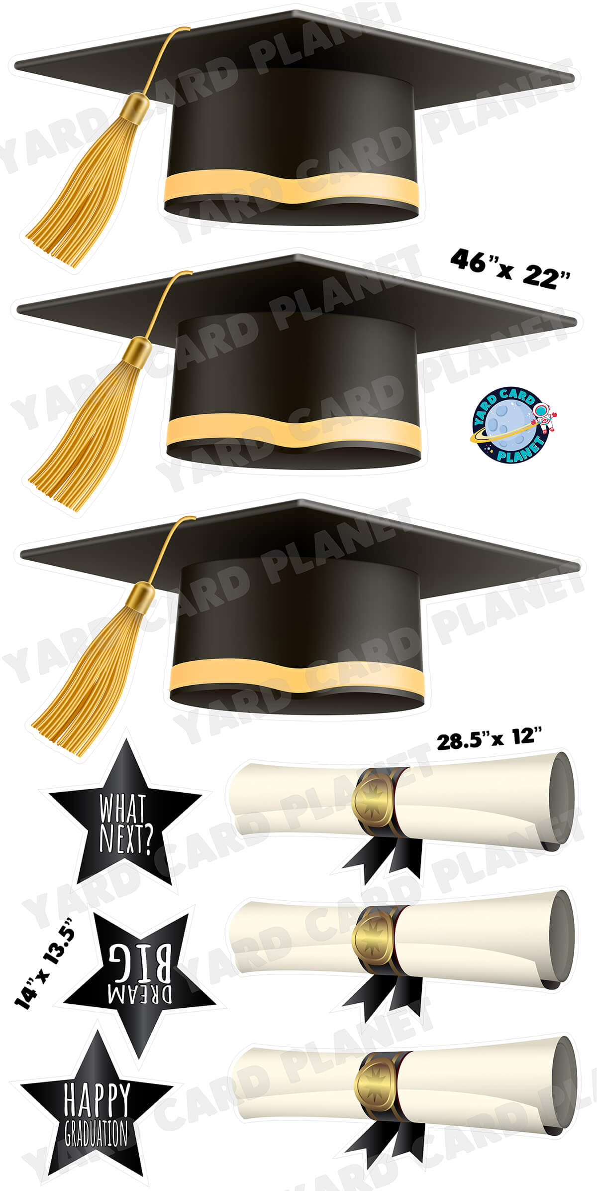 Extra Large Black Graduation Caps, Diplomas and Signs Yard Card Flair Set with measurement