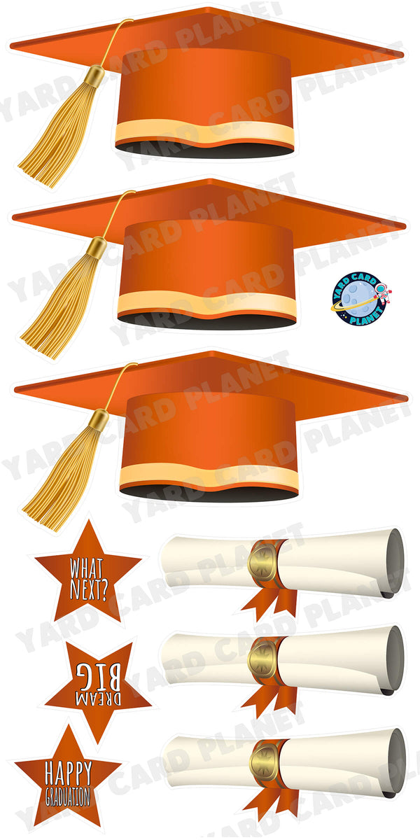 Extra Large Orange Graduation Caps, Diplomas and Signs Yard Card Flair Set