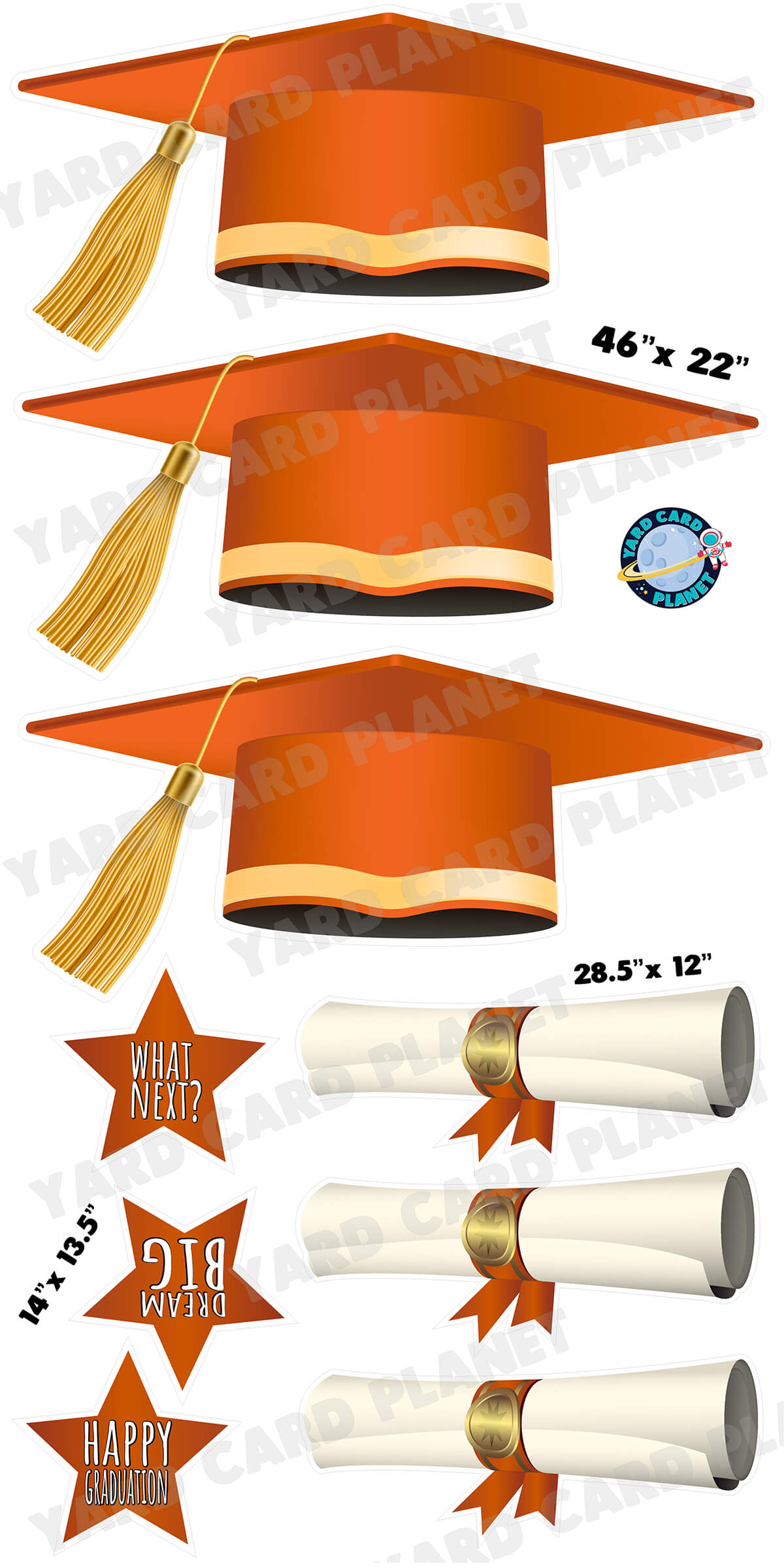 Extra Large Orange Graduation Caps, Diplomas and Signs Yard Card Flair Set with measurements