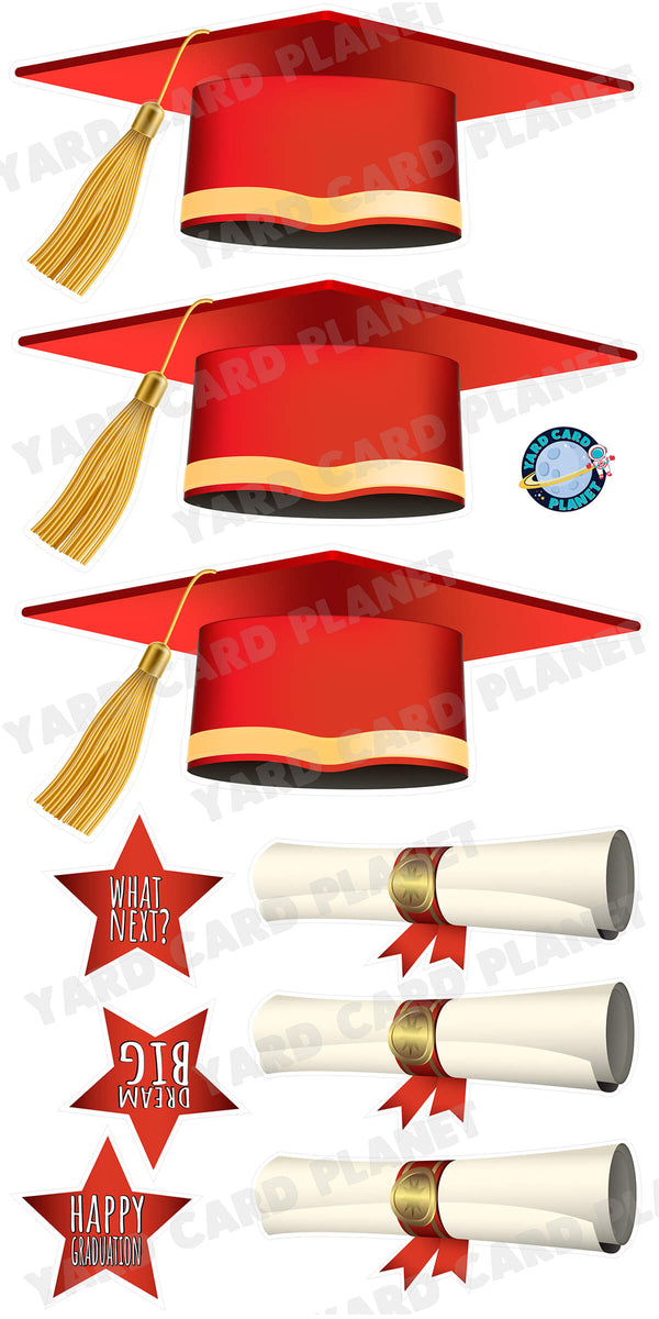 Extra Large Red Graduation Caps, Diplomas and Signs Yard Card Flair Set