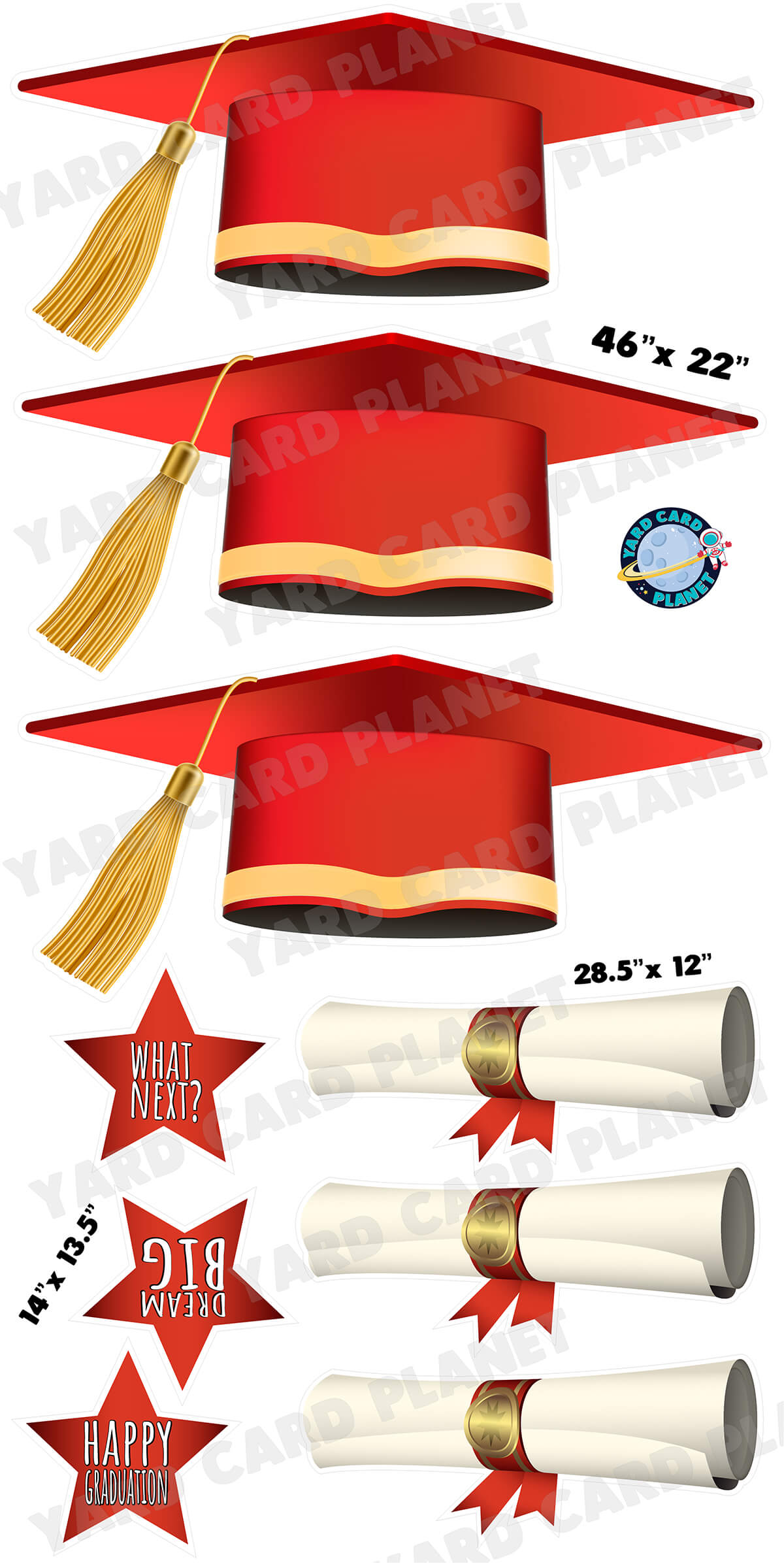 Extra Large Red Graduation Caps, Diplomas and Signs Yard Card Flair Set with measurements