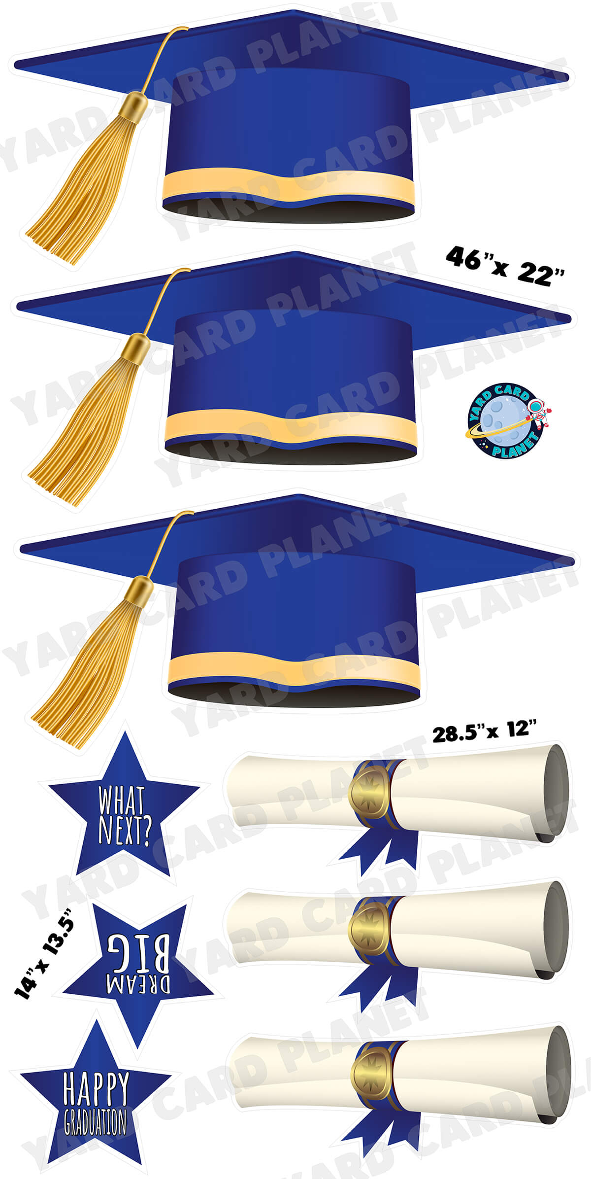 Extra Large Blue Graduation Caps, Diplomas and Signs Yard Card Flair Set with measurement