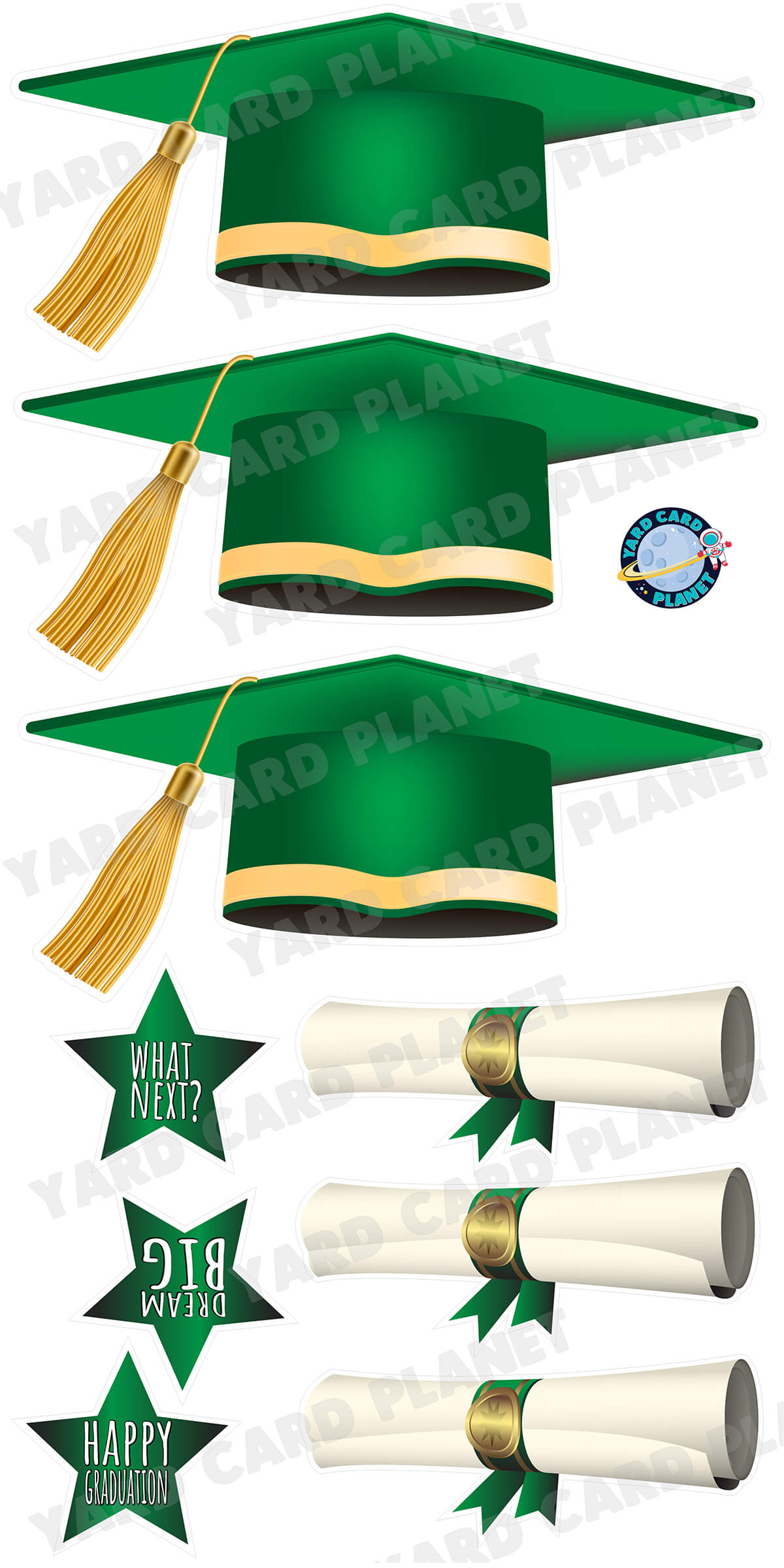 Extra Large Green Graduation Caps, Diplomas and Signs Yard Card Flair Set