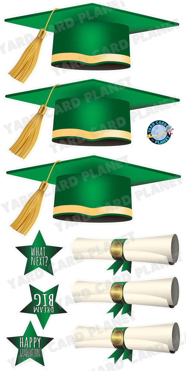 Extra Large Green Graduation Caps, Diplomas and Signs Yard Card Flair Set