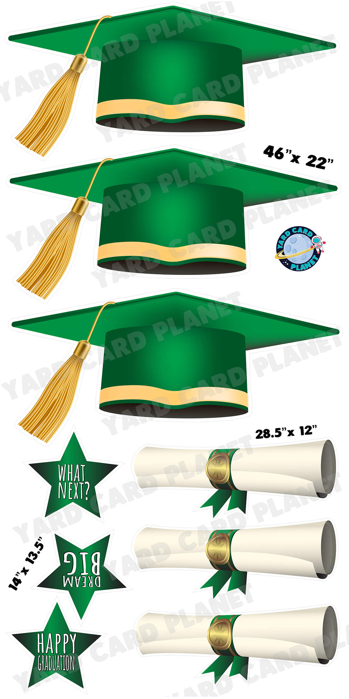 Extra Large Green Graduation Caps, Diplomas and Signs Yard Card Flair Set with measurements