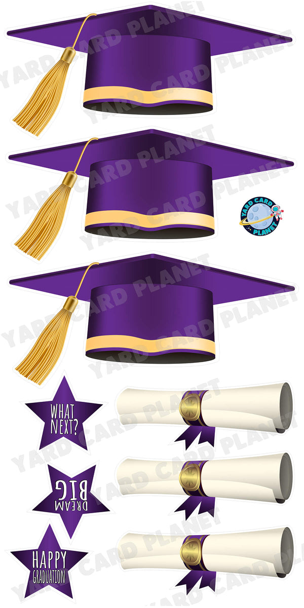 Extra Large Purple Graduation Caps, Diplomas and Signs Yard Card Flair Set