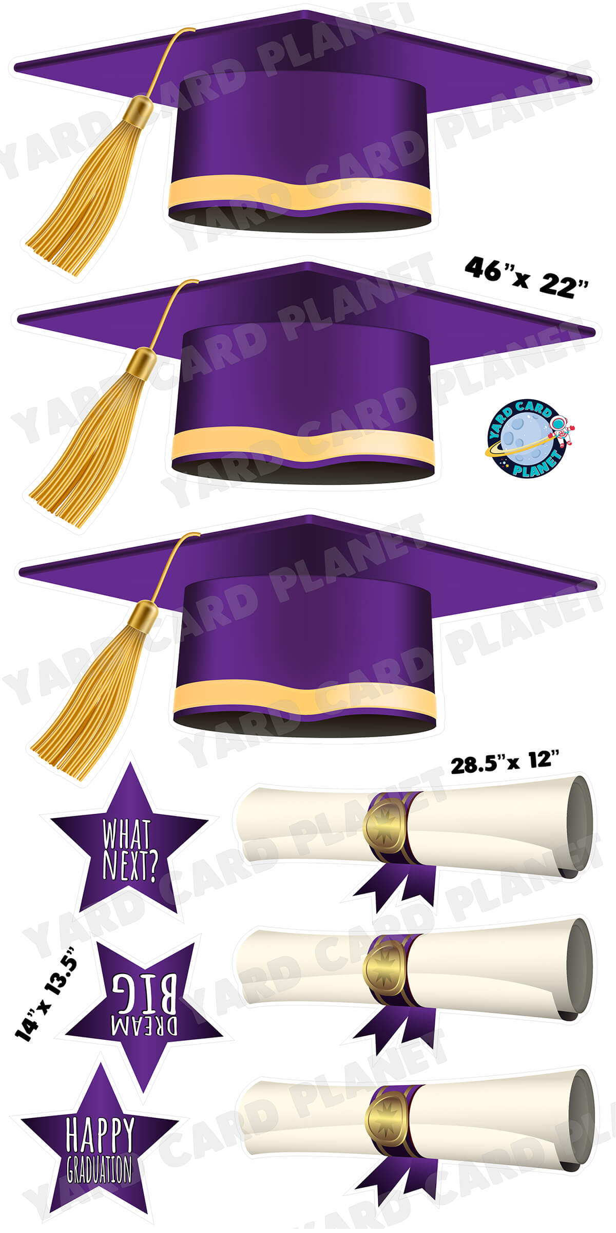 Extra Large Purple Graduation Caps, Diplomas and Signs Yard Card Flair Set with measurements