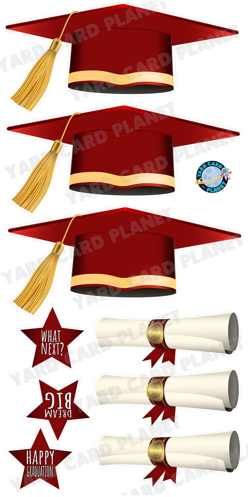 Extra Large Maroon Graduation Caps, Diplomas and Signs Yard Card Flair Set