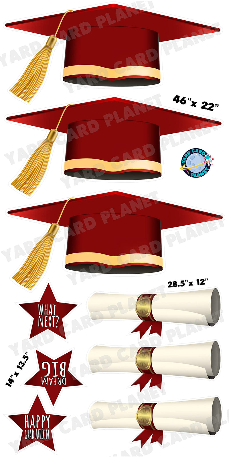 Extra Large Maroon Graduation Caps, Diplomas and Signs Yard Card Flair Set with measurements