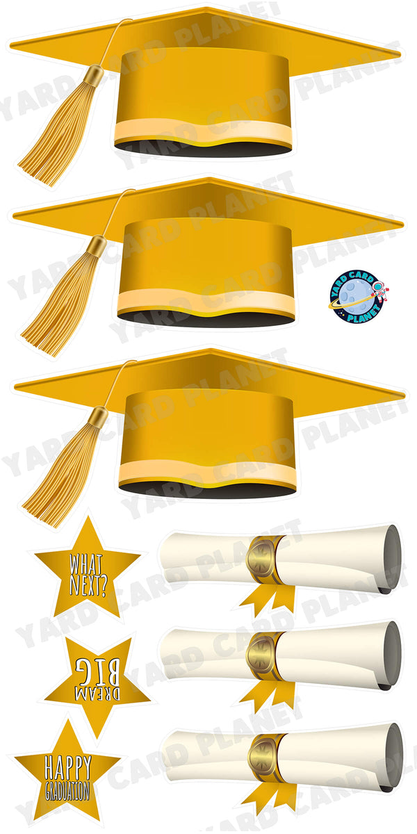 Extra Large Gold Graduation Caps, Diplomas and Signs Yard Card Flair Set