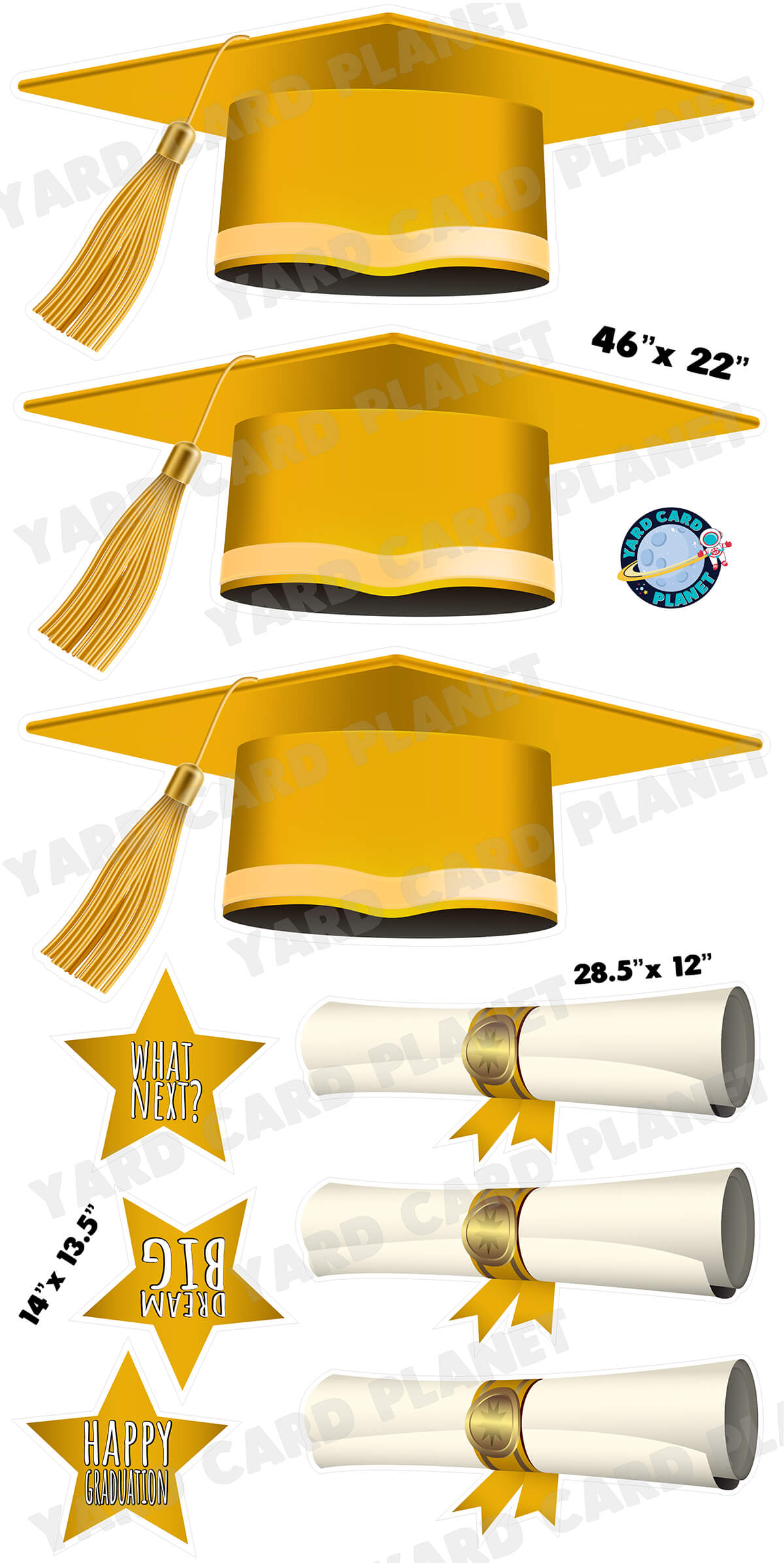 Extra Large Gold Graduation Caps, Diplomas and Signs Yard Card Flair Set with measurements