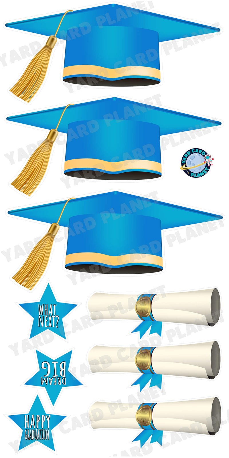 Extra Large Light Blue Graduation Caps, Diplomas and Signs Yard Card Flair Set