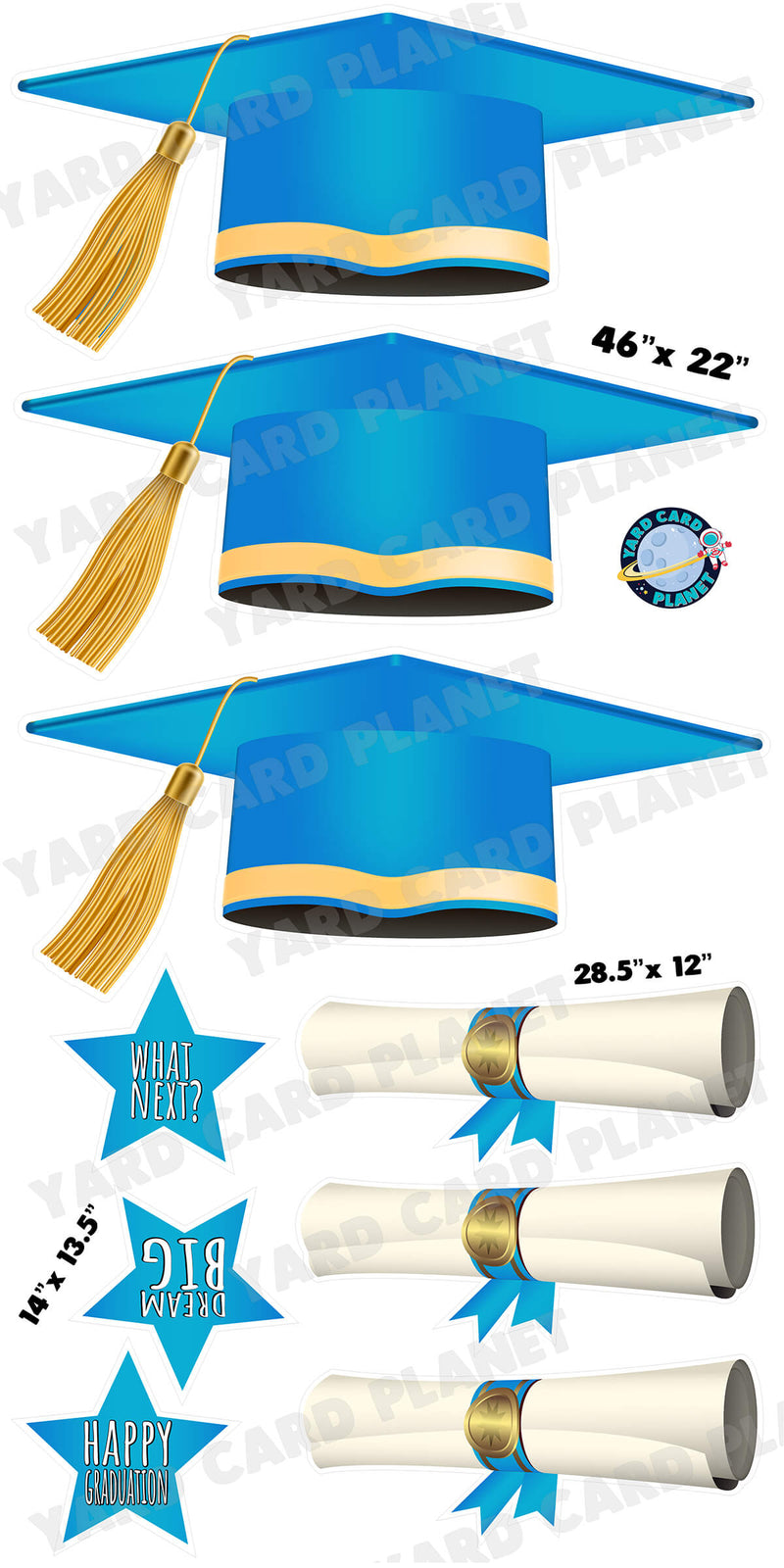 Extra Large Light Blue Graduation Caps, Diplomas and Signs Yard Card Flair Set with measurements