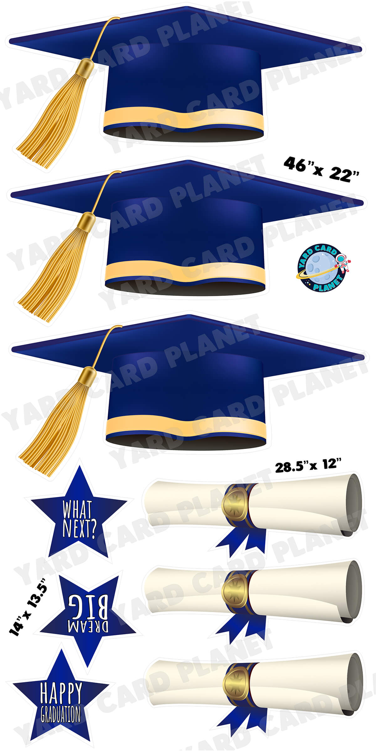 Extra Large Navy Blue Graduation Caps, Diplomas and Signs Yard Card Flair Set with measurements